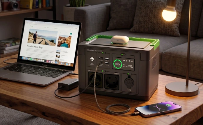 Schneider OffGrid 330 Portable Power Station Schneider OffGrid 330 portable power station charging a laptop, phone, and lamp at home