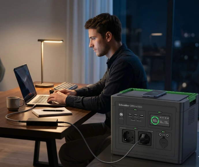 Schneider OffGrid 500 portable power station powering a laptop during an outage