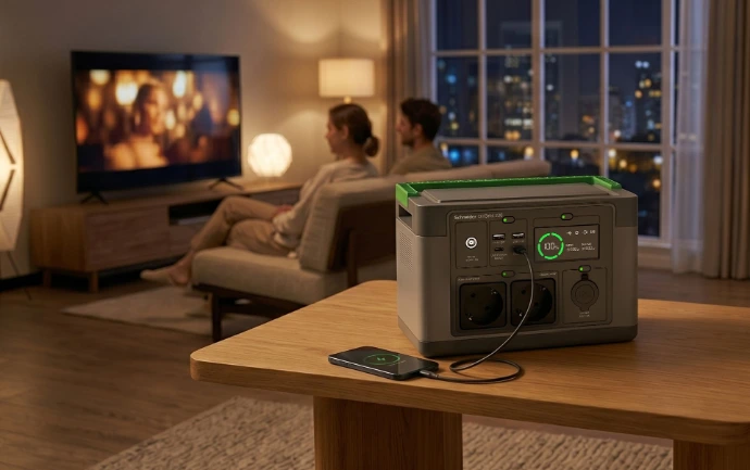 Schneider OffGrid 330 portable power station charging a phone in a living room
