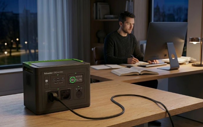 Schneider OffGrid 500 portable power station powering a desktop computer
