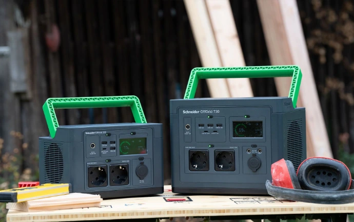 Schneider OffGrid 330 and 730 portable power stations in a woodworking shop