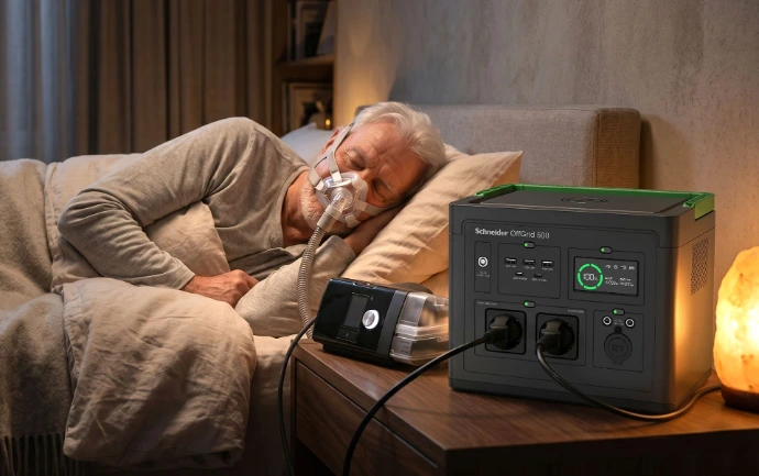 Schneider OffGrid 500 portable power station running a CPAP machine during sleep