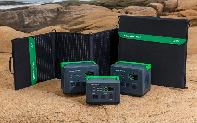 Schneider OffGrid portable power stations and foldable solar panels outdoors