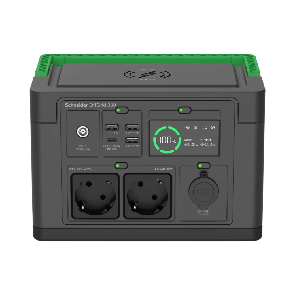 Schneider Electric OffGrid Portable Power Station 330, 230V, 332Wh Lithium-ion, LCD, 2 CEE 7/3 Schuko Outlets, Sinewave, 3 USB-A, 1 USB-C, Wireless Charger.webp
