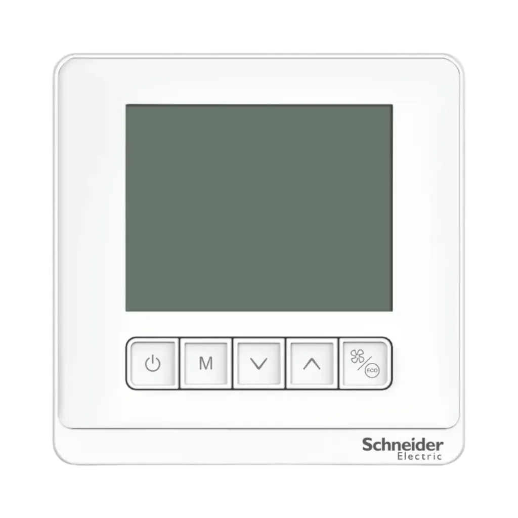 Schneider Electric Thermostat, Spacelogic, Fan Coil on/off, Standalone, LCD 5 Button, 4P, 3 Fan, 240V, White .webp