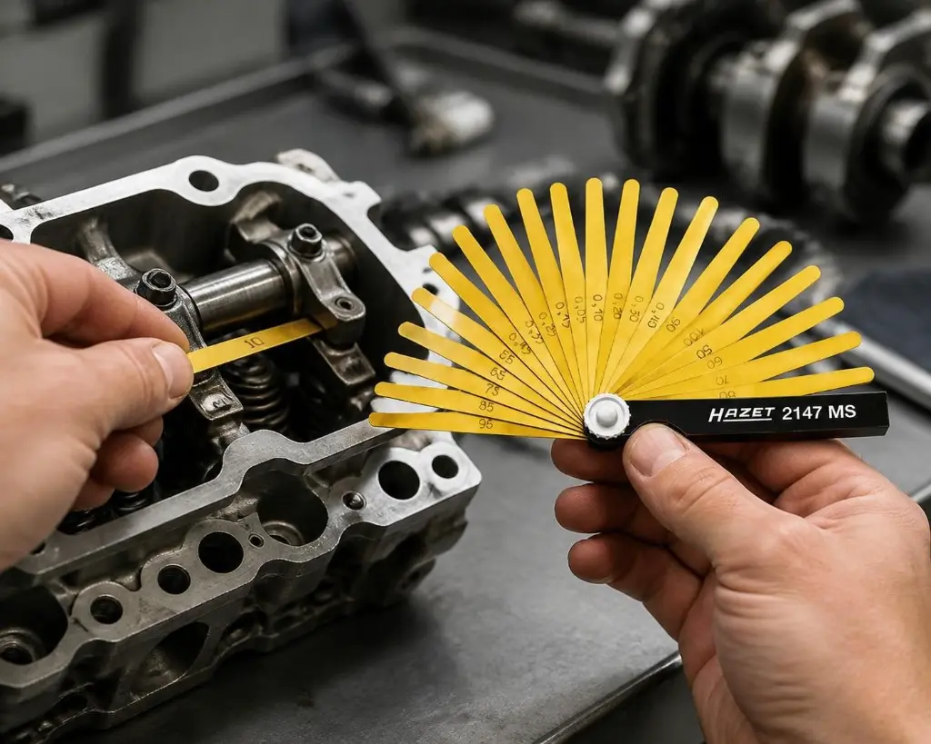 Hazet Feeler Gauge in use checking mechanical gap in workshop