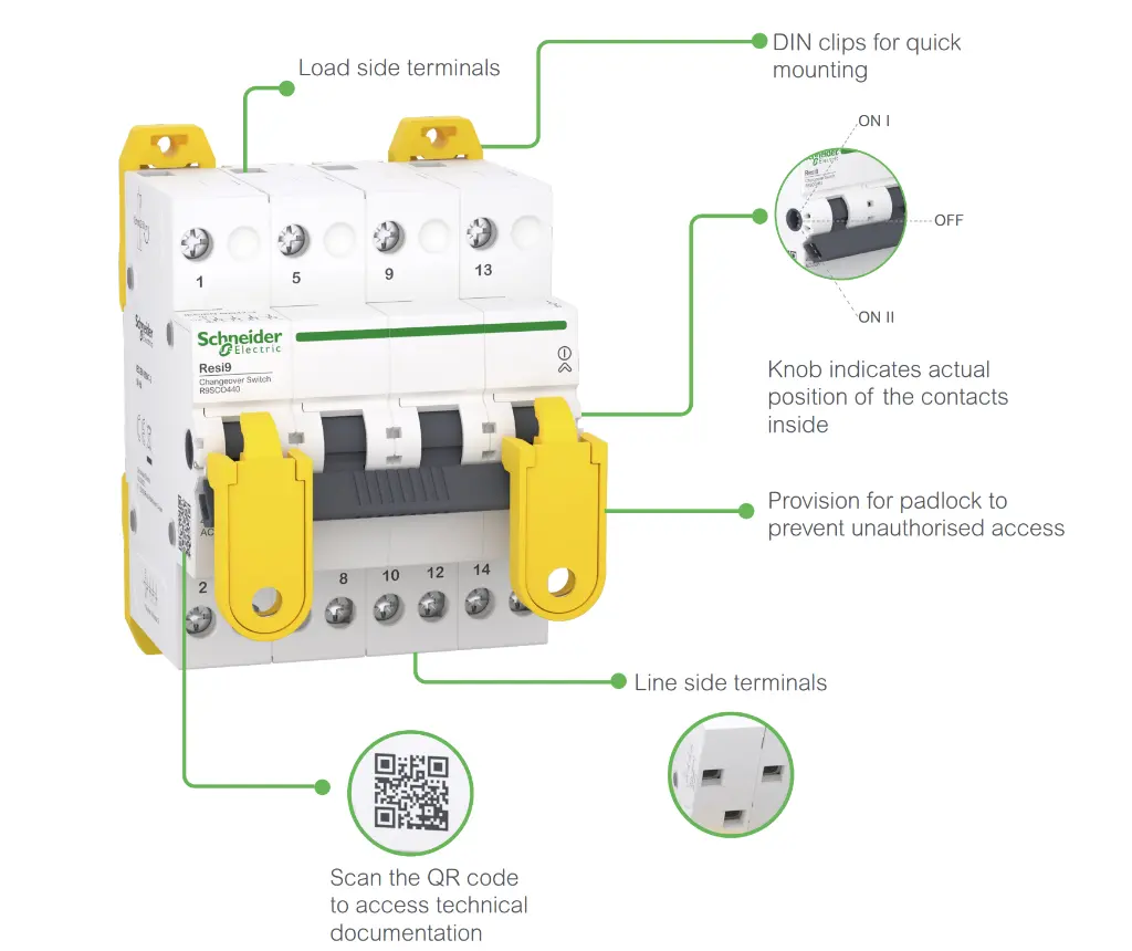 Schneider Electric Changeover Switch, Resi9, 2P, 63A, 230/240VAC.webp