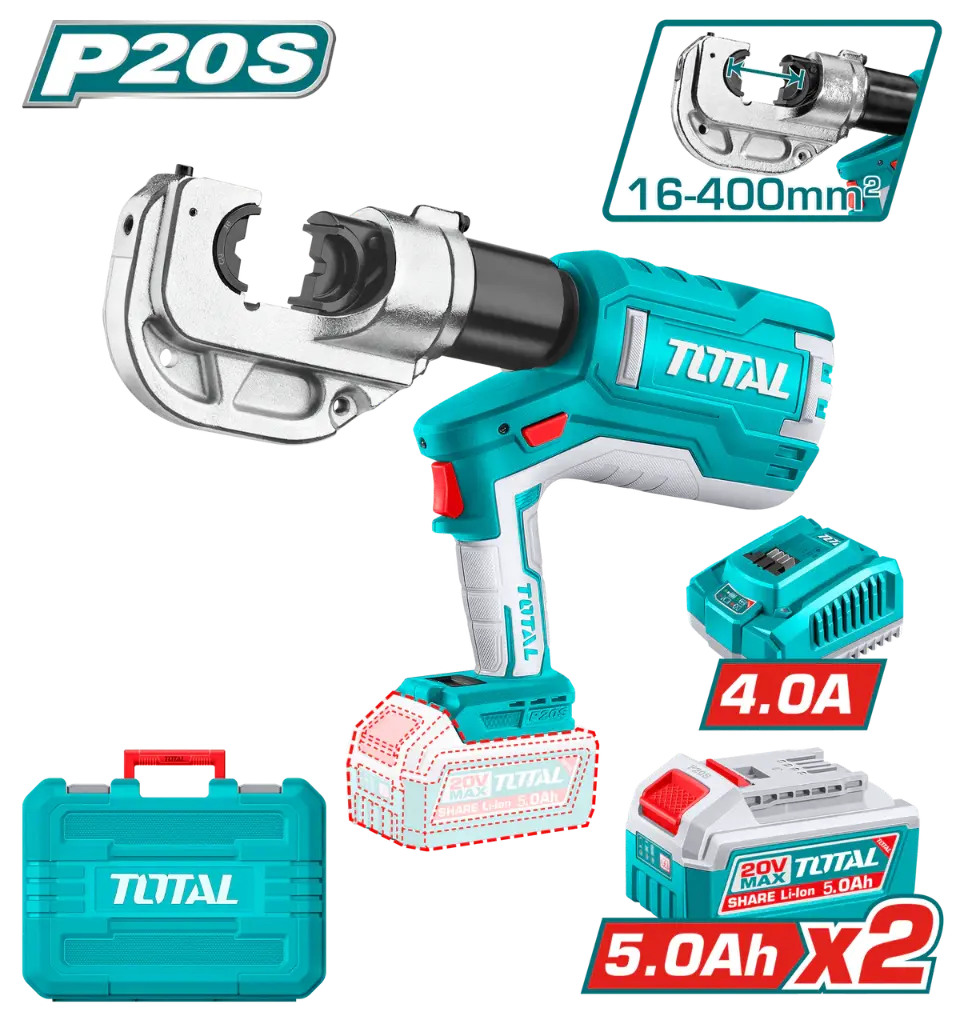 Total Cordless Hydraulic Crimping Tool 16:400 mm 20 Volt 4Ah. + 2 Battery + Charger + Plastic Carry Box - TCTLI2005