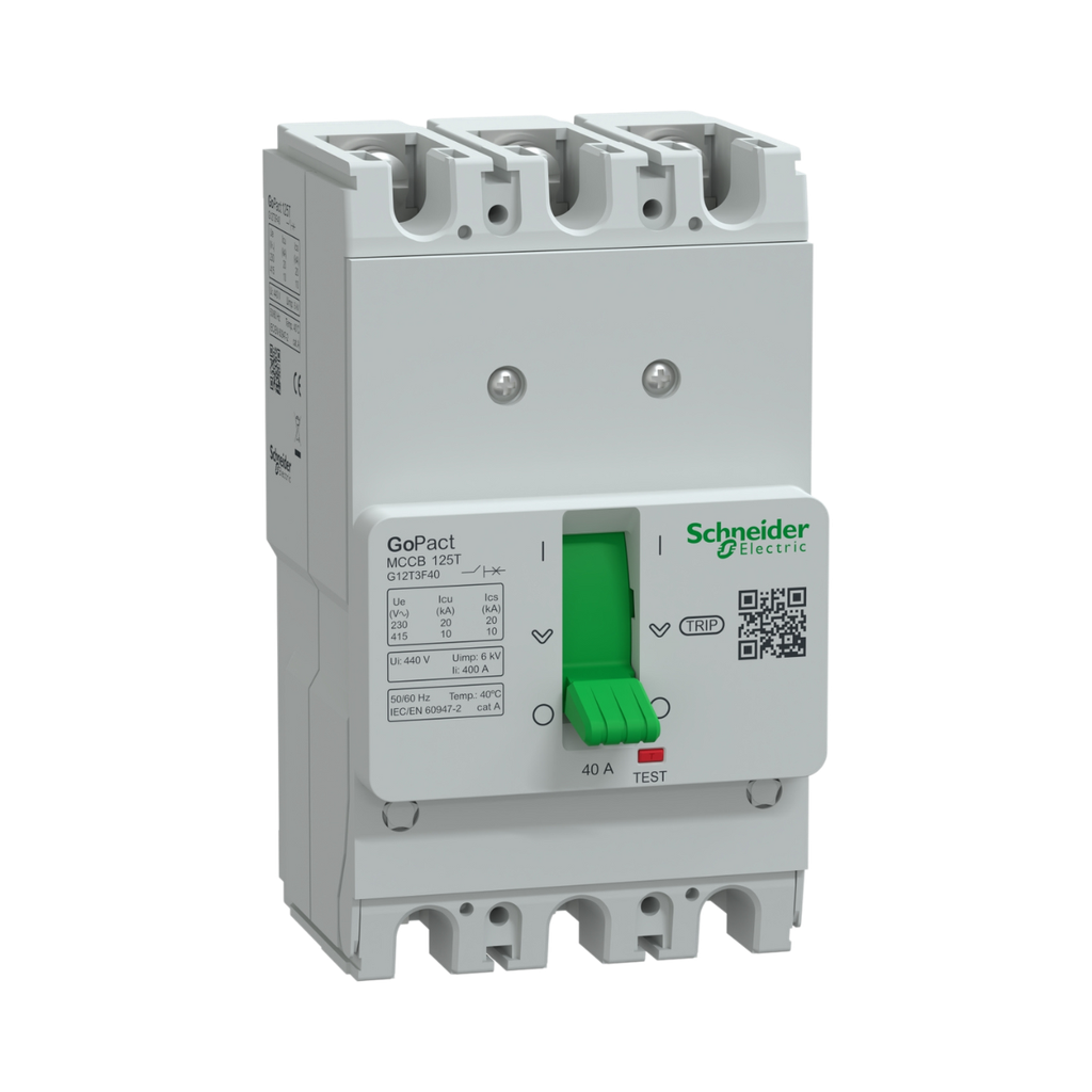 [G12T3F40] Schneider Electric Circuit Breaker, GoPact MCCB 125, 3 Poles, 10kA at 415VAC, 40A Rating, TMD Trip Unit, Fixed Thermal Protection