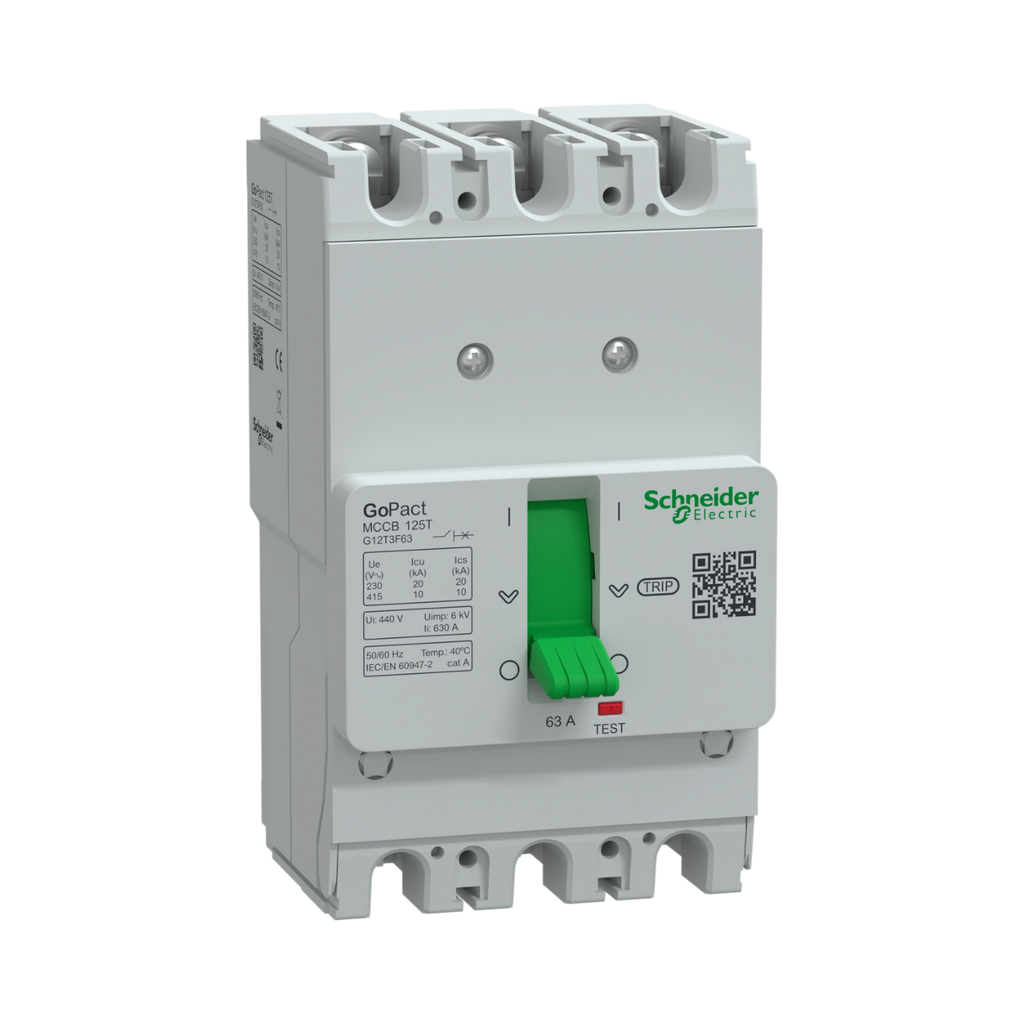 [G12T3F63] Schneider Electric Circuit Breaker, GoPact MCCB 125, 3 Poles, 10kA at 415VAC, 63A Rating, TMD Trip Unit, Fixed Thermal Protection