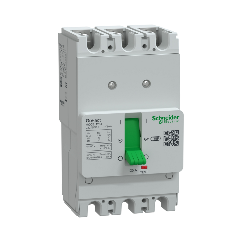 Schneider Electric Circuit Breaker, GoPact MCCB 125, 3 Poles, 10kA at 415VAC, 125A Rating, TMD Trip Unit, Fixed Thermal Protection