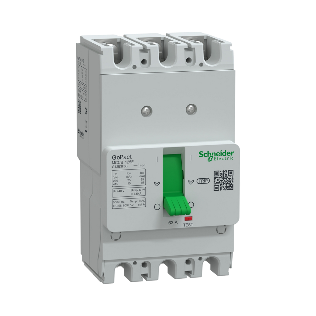 [G12E3F63] Schneider Electric Circuit Breaker, GoPact MCCB 125, 3 Poles, 15kA at 415VAC, 63A Rating, TMD Trip Unit, Fixed Thermal Protection