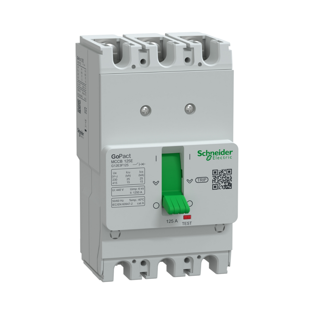 [G12E3F125] Schneider Electric Circuit Breaker, GoPact MCCB 125, 3 Poles, 15kA at 415VAC, 125A Rating, TMD Trip Unit, Fixed Thermal Protection