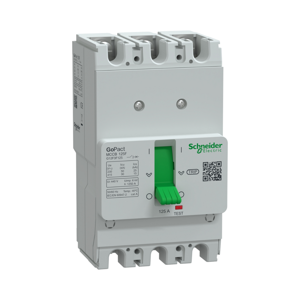[G12F3F125] Schneider Electric Circuit Breaker, GoPact MCCB 125, 3 Poles, 30kA at 415VAC, 125A Rating, TMD Trip Unit, Fixed Thermal Protection