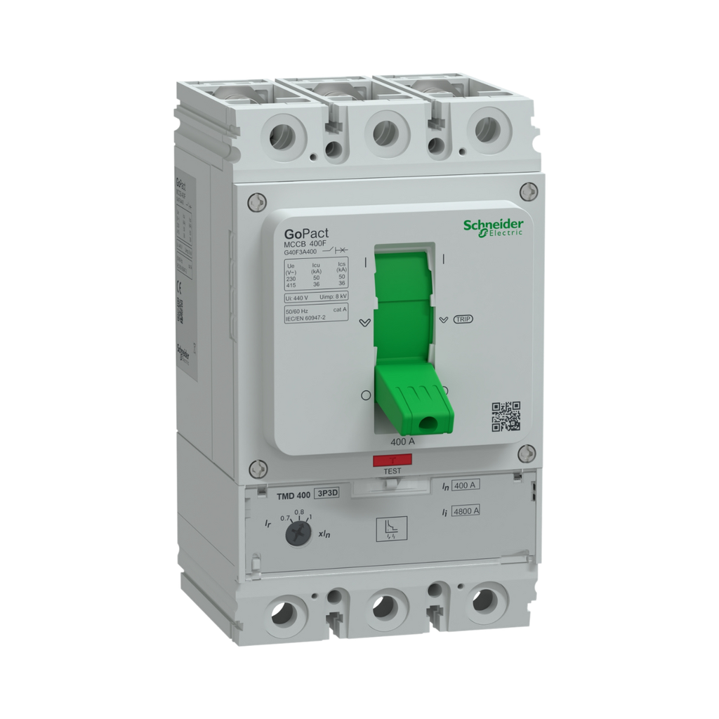 [G40F3A400] Schneider Electric Circuit Breaker, GoPact MCCB 400, 3 Poles, 36kA at 415VAC, 400A Rating, TMD Trip Unit, Adjustable Thermal Protection