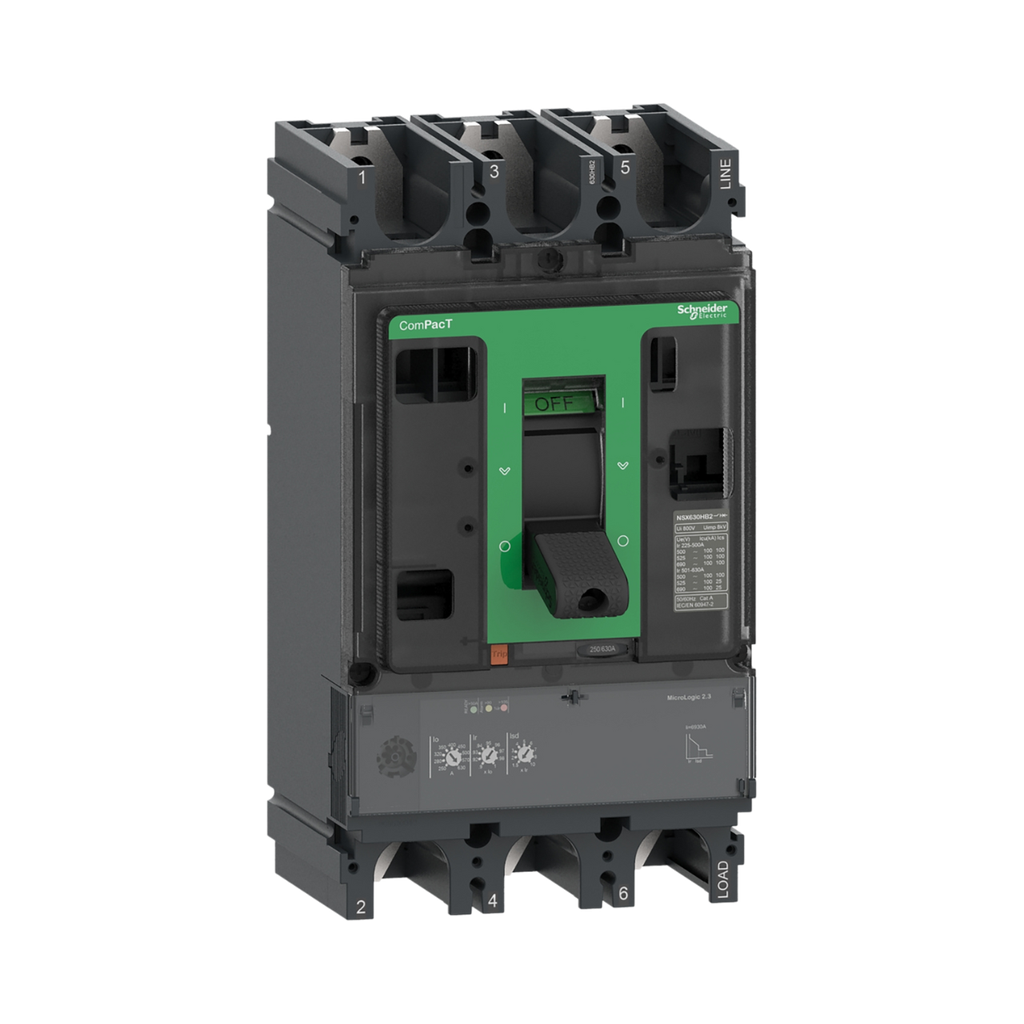Schneider Electric Circuit Breaker, ComPacT NSX630N, 50kA/415VAC, 3 Poles, MicroLogic 2.3 Trip Unit 630A
