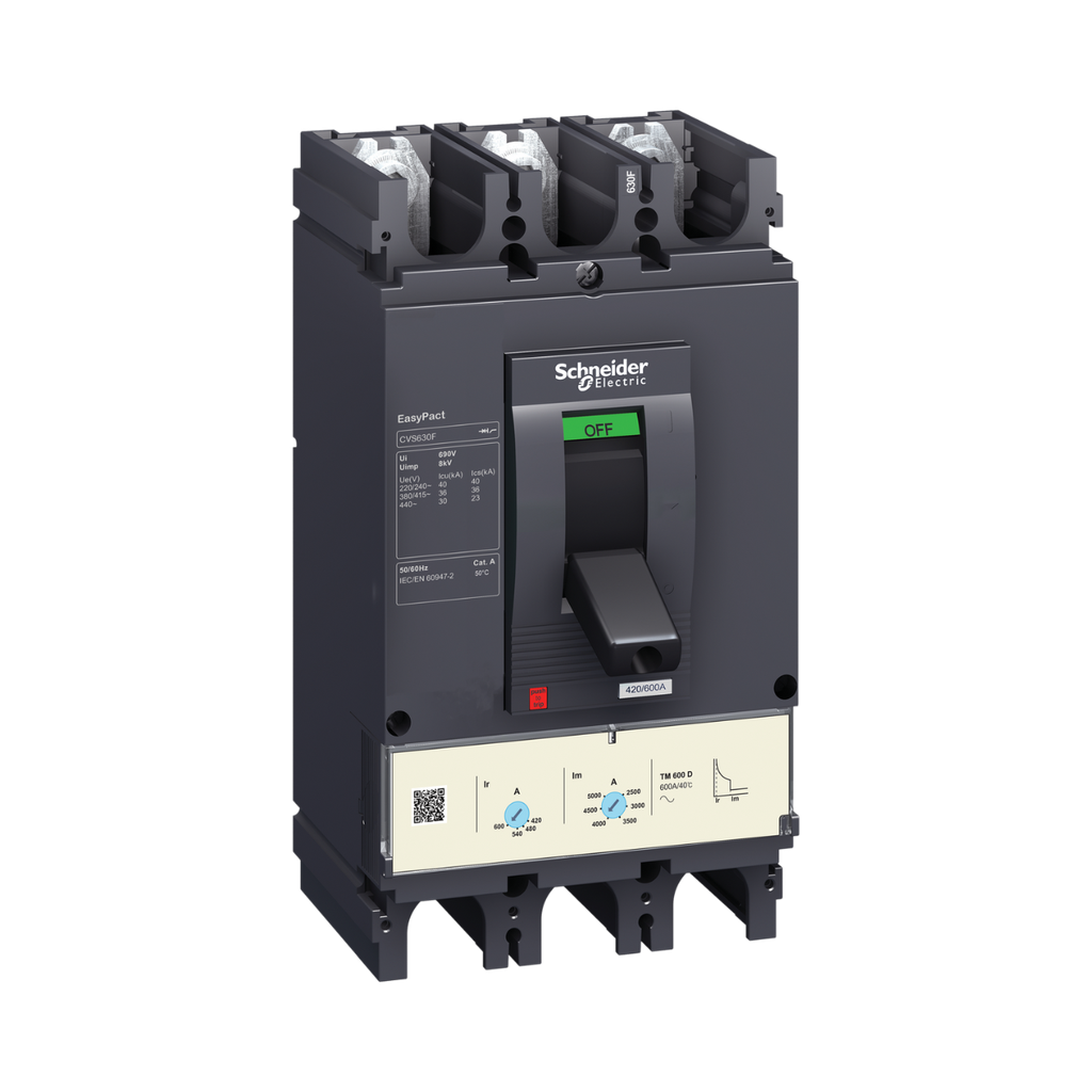 Schneider Electric Circuit Breaker EasyPact CVS630F, 36 kA at 415 VAC, 600 A Rating Thermal Magnetic TM-D Trip Unit, 3P 3d