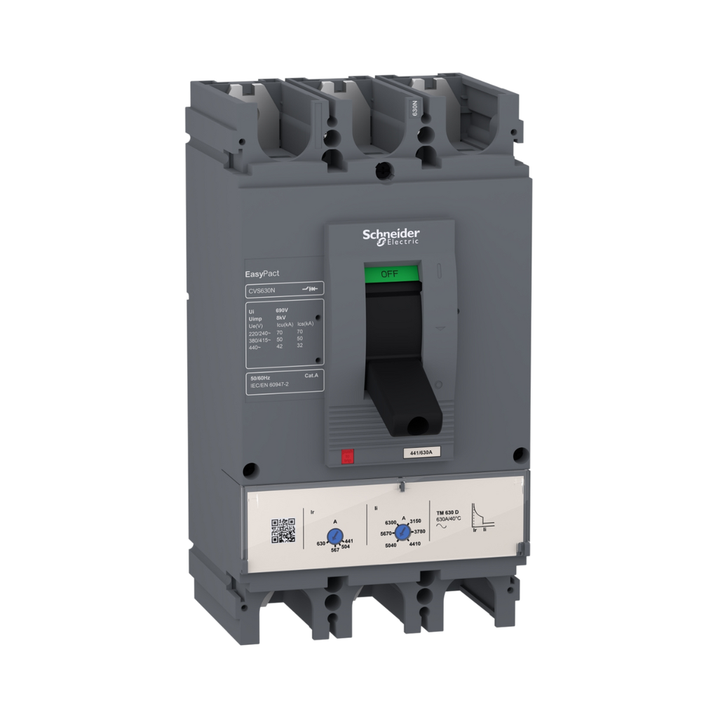 Schneider Electric Circuit Breaker EasyPact CVS630N, 50 kA at 415 VAC, 600 A Rating Thermal Magnetic TM-D Trip Unit, 3P 3d
