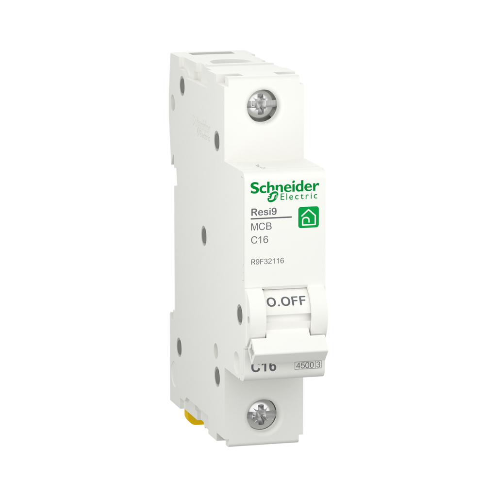 Schneider Electric Miniature Circuit Breaker (MCB), Resi9, 1P, 16A, C Curve, 4500A (IEC/EN 60898-1)