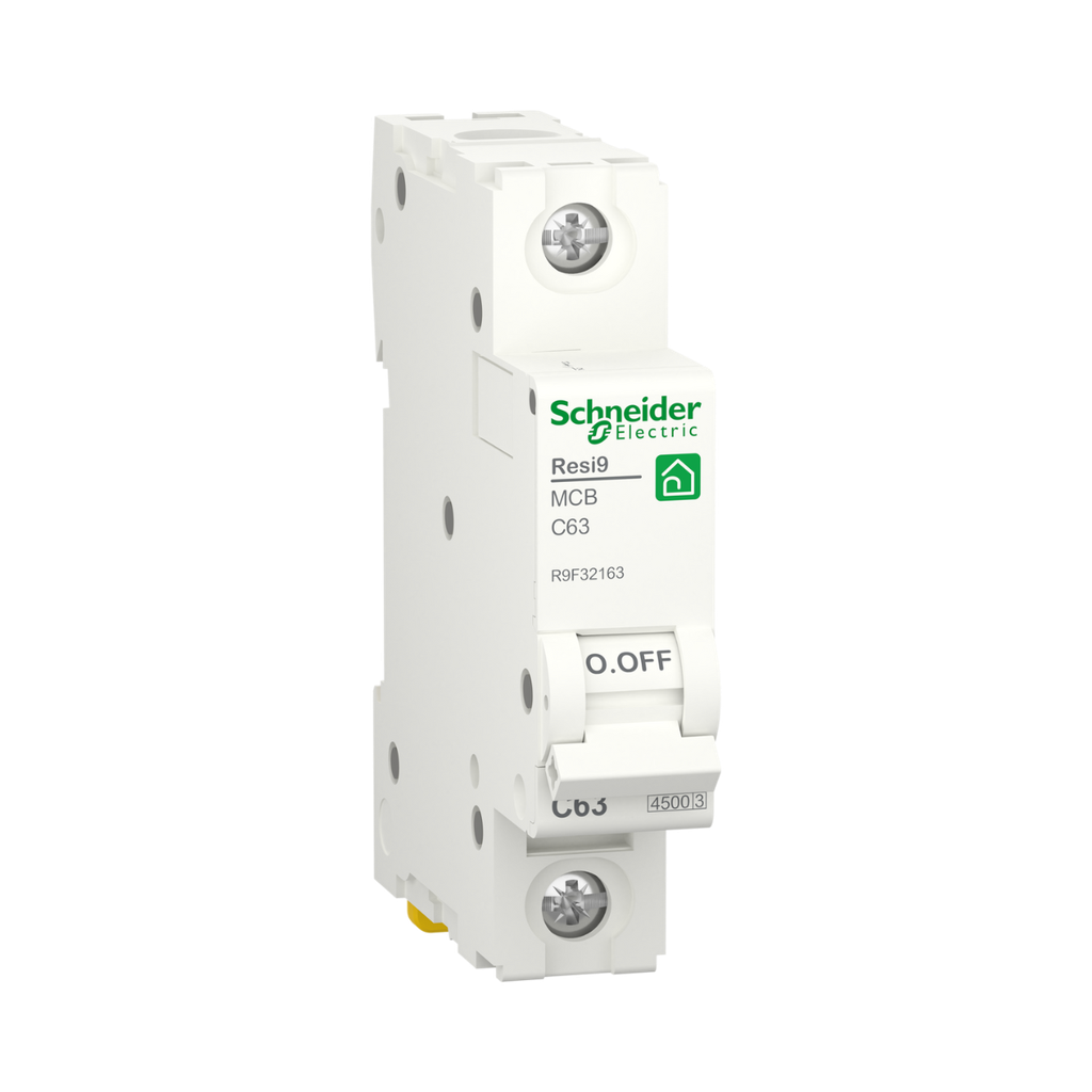 Schneider Electric Miniature Circuit Breaker (MCB), Resi9, 1P, 63A, C Curve, 4500A (IEC/EN 60898-1)