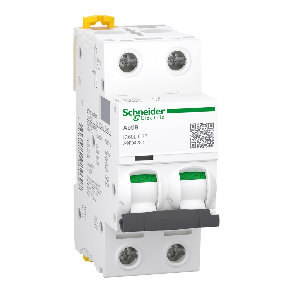 [A9F94232] Schneider Electric Miniature Circuit-Breaker, Acti9 iC60L, 2P, 32 A, C curve, 15000 A (IEC 60898-1), 20 kA (IEC 60947-2)