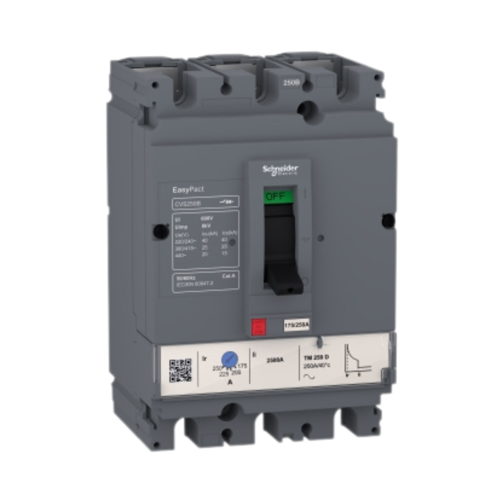 Schneider Electric Circuit Breaker EasyPact CVS100B, 25 kA at 415 VAC, 80 A Rating Thermal Magnetic TM-D Trip Unit, 3P 3d