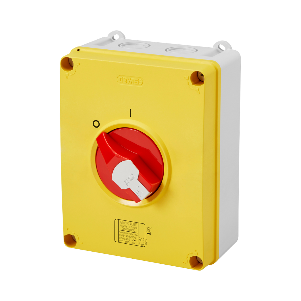 [GW70438P] Gewiss Rotary Isolator Switch HP Emergency Isolating Material Box 63A 4P  Lockable Red Knob - IP66/67/69
