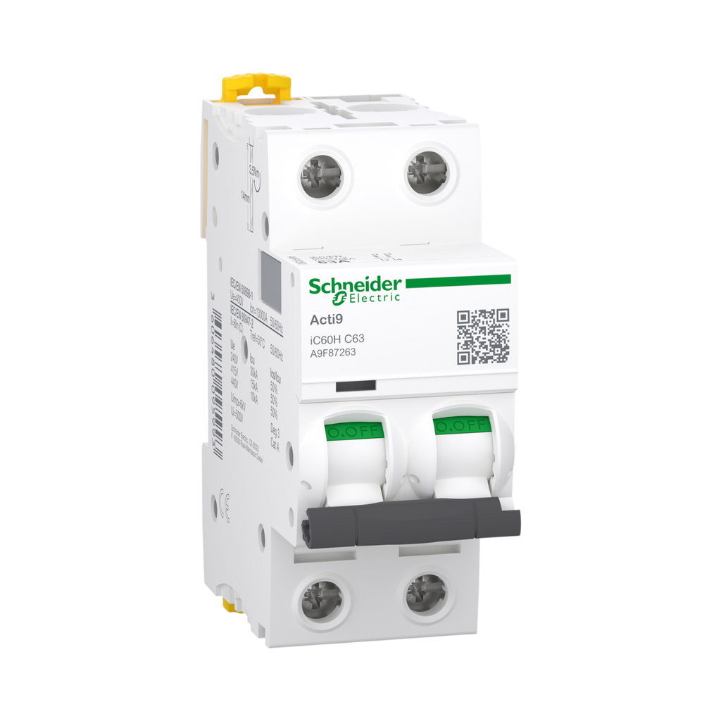 [A9F87263] Schneider Electric Miniature Circuit-Breaker, Acti9 iC60H, 2P, 63 A, C Curve, 10000 A (IEC 60898-1), 15 kA (IEC 60947-2)
