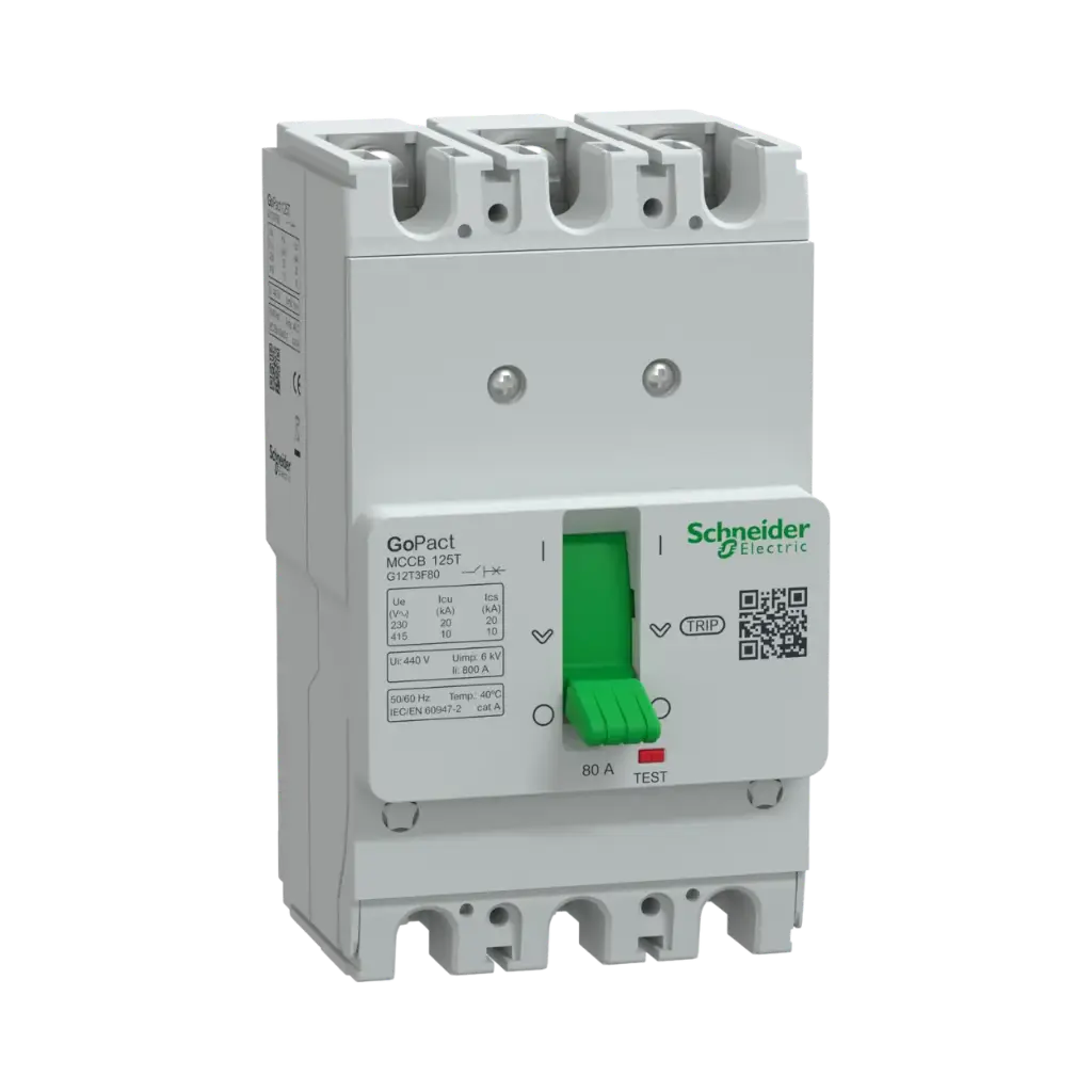 Schneider Electric Circuit Breaker, GoPact MCCB 125, 3 Poles, 10kA at 415VAC, 80A Rating, TMD Trip Unit, Fixed Thermal Protection 