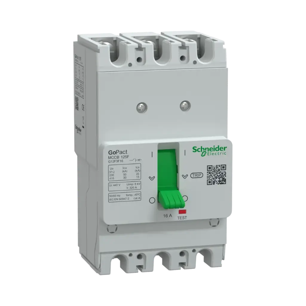 Schneider Electric Circuit Breaker, GoPact MCCB 125, 3 Poles, 30kA at 415VAC, 16A Rating, TMD Trip Unit, Fixed Thermal Protection 