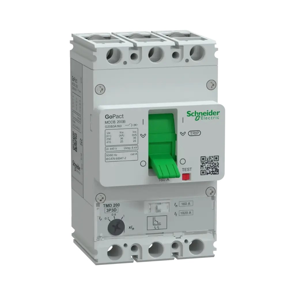 Schneider Electric Circuit Breaker, GoPact MCCB 200, 3 Poles, 25kA at 415VAC, 160A Rating, TMD Trip Unit, Adjustable Thermal Protection