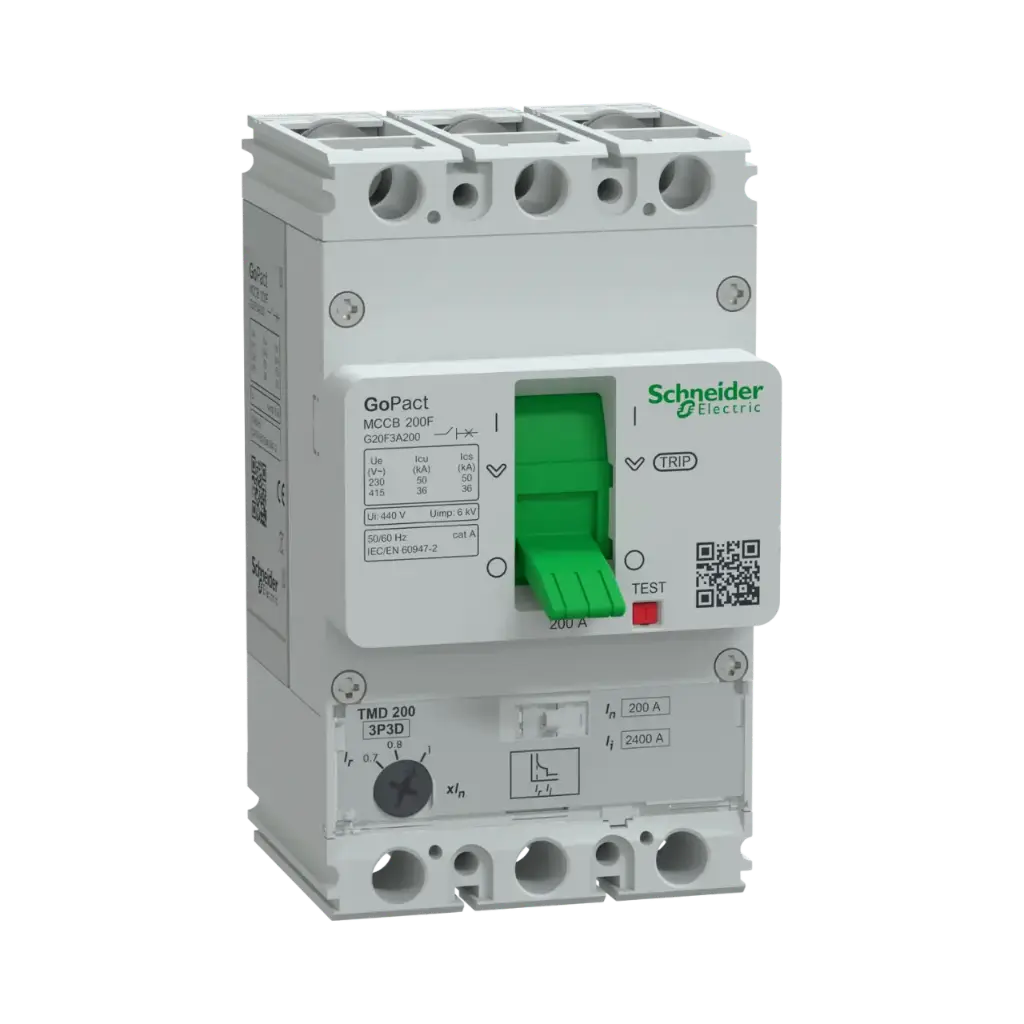 Schneider Electric Circuit Breaker, GoPact MCCB 200, 3 Poles, 36kA at 415VAC, 200A Rating, TMD Trip Unit, Adjustable Thermal Protection