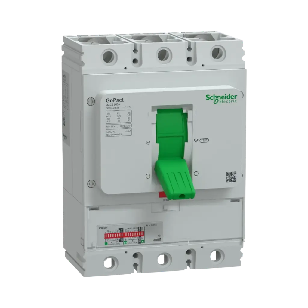 Schneider Electric Circuit breaker, GoPact MCCB 800, 3 Poles, 50kA at 415VAC, 630A Rating, ETU Trip Unit, Adjustable Thermal Protection 