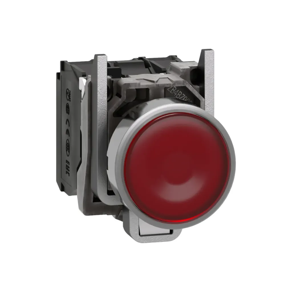 Schneider Electric Illuminated Push button, Harmony XB4, metal, red flush, 22mm, universal LED, Plain Lens, 1NO + 1NC, 230...240V AC