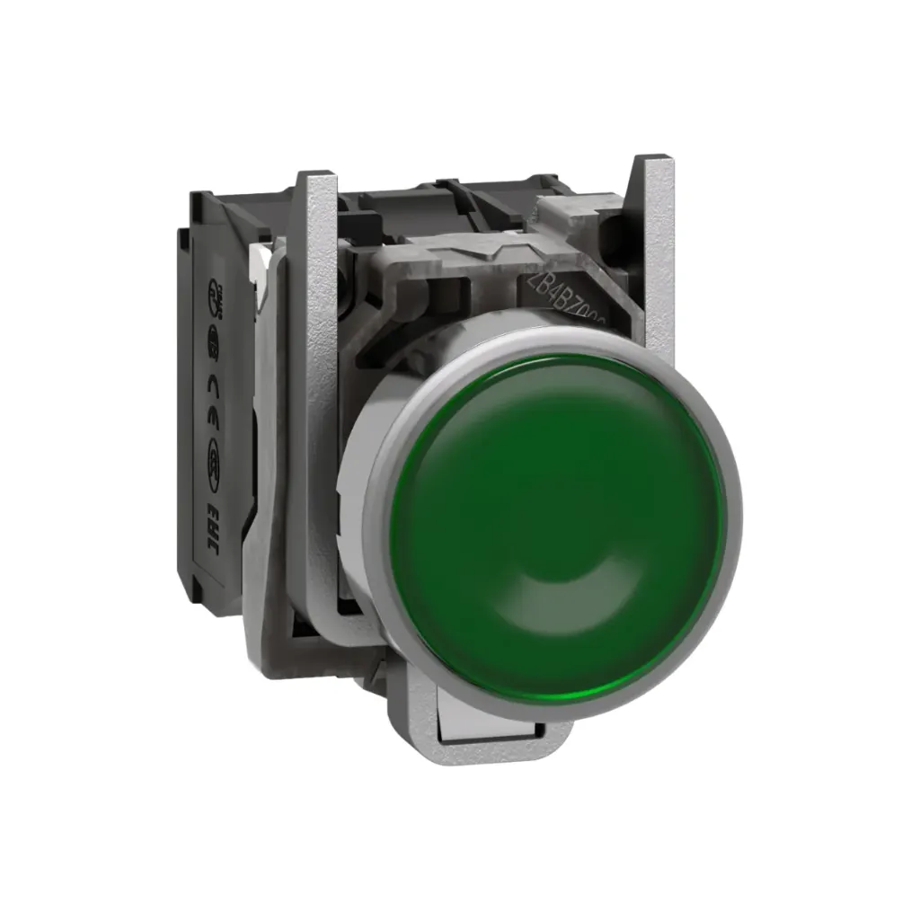 Schneider Electric Illuminated Push Button, Harmony XB4, Metal, Green Flush, 22mm, Universal LED, Plain Lens, 1NO + 1NC, 230...240V AC