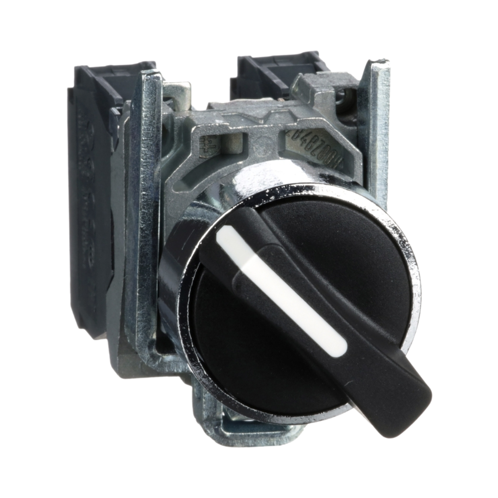 Schneider Electric Selector Switch, Harmony XB4, Metal, Black, 22mm, 2 Positions, Stay Put, 1NO+1NC 