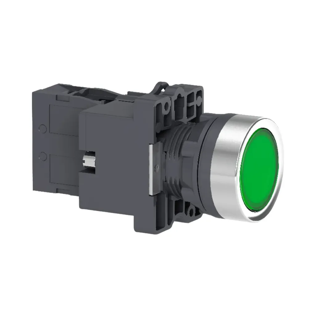 Schneider Electric Complete Illuminated Push Button, Easy Harmony XA2, Plastic, Flush, Green, 22mm, Spring Return, 24V AC DC, 1NO