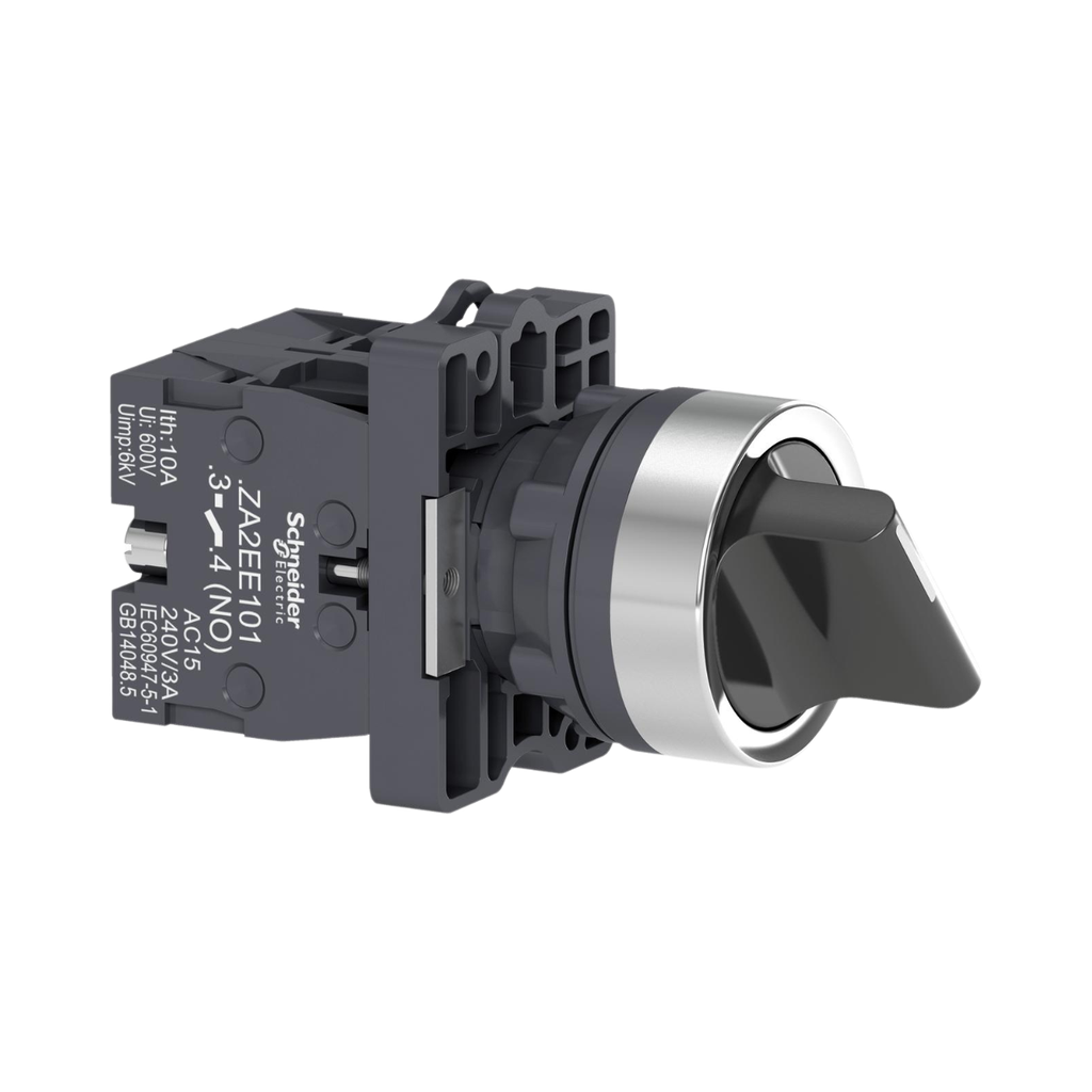 Schneider Electric Complete Selector Switch, Easy Harmony XA2, Plastic, Black, 22mm, 3 Positions, Stay Put, 2NO 