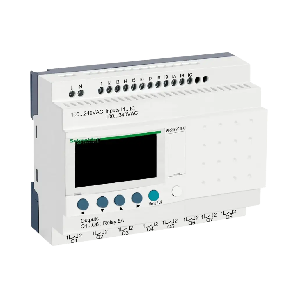 [SR2B201FU] Schneider Electric Compact Smart Relay, Zelio Logic SR2 SR3, 20 IO, 100 to 240V AC, Clock, Display 