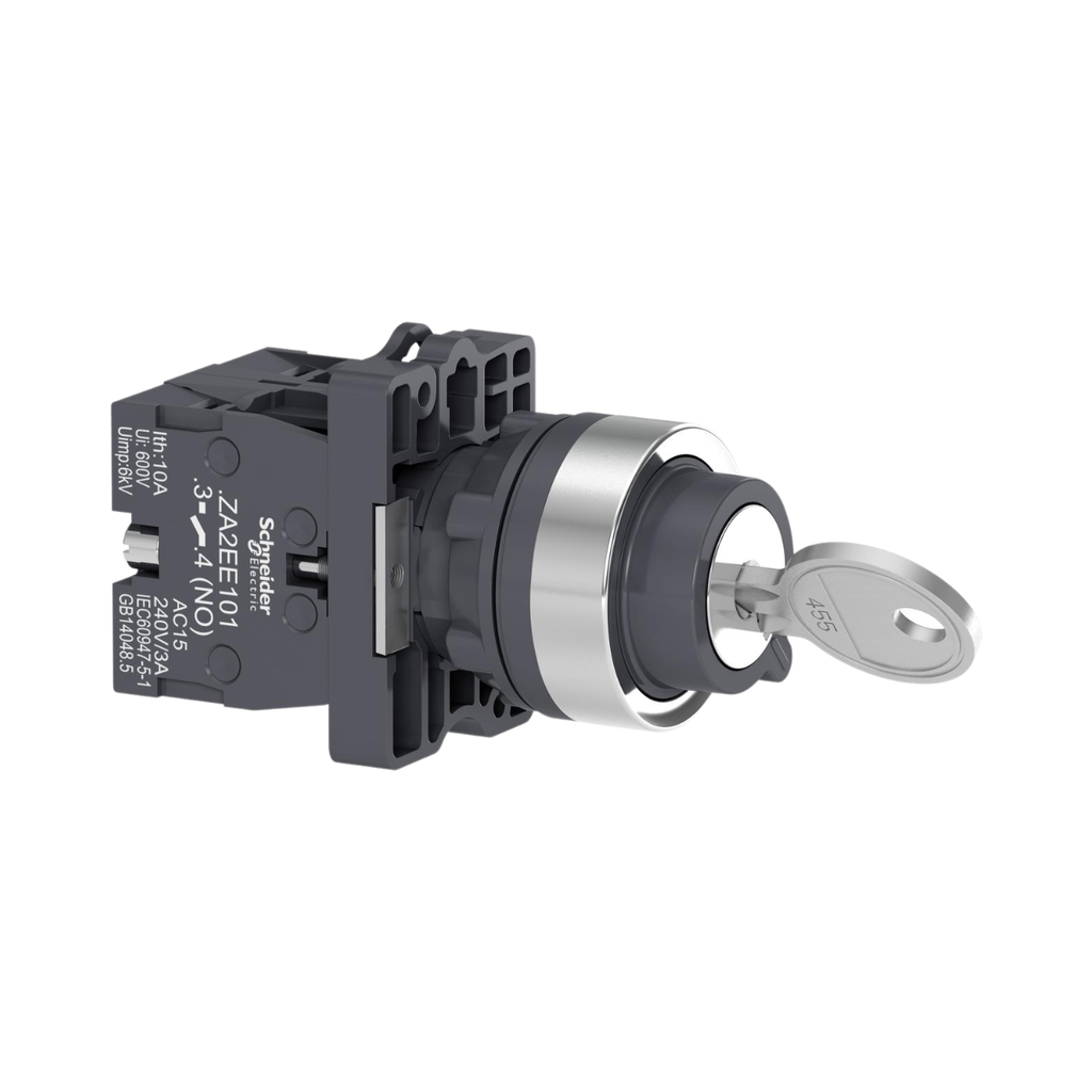 Schneider Electric Complete Selector Switch, Easy Harmony XA2, Plastic, Black, 22mm, Key 455, 3 Positions, Key Withdrawal in Any Position, Stay Put, 2NO 