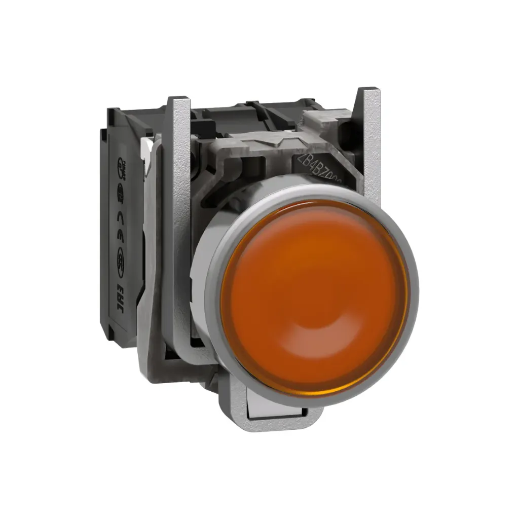 [XB4BW35M5] Schneider Electric Iluminated Push Button, Harmony XB4, Metal, Orange Flush, 22mm, Universal LED, Plain lens, 1NO + 1NC, 230...240V AC
