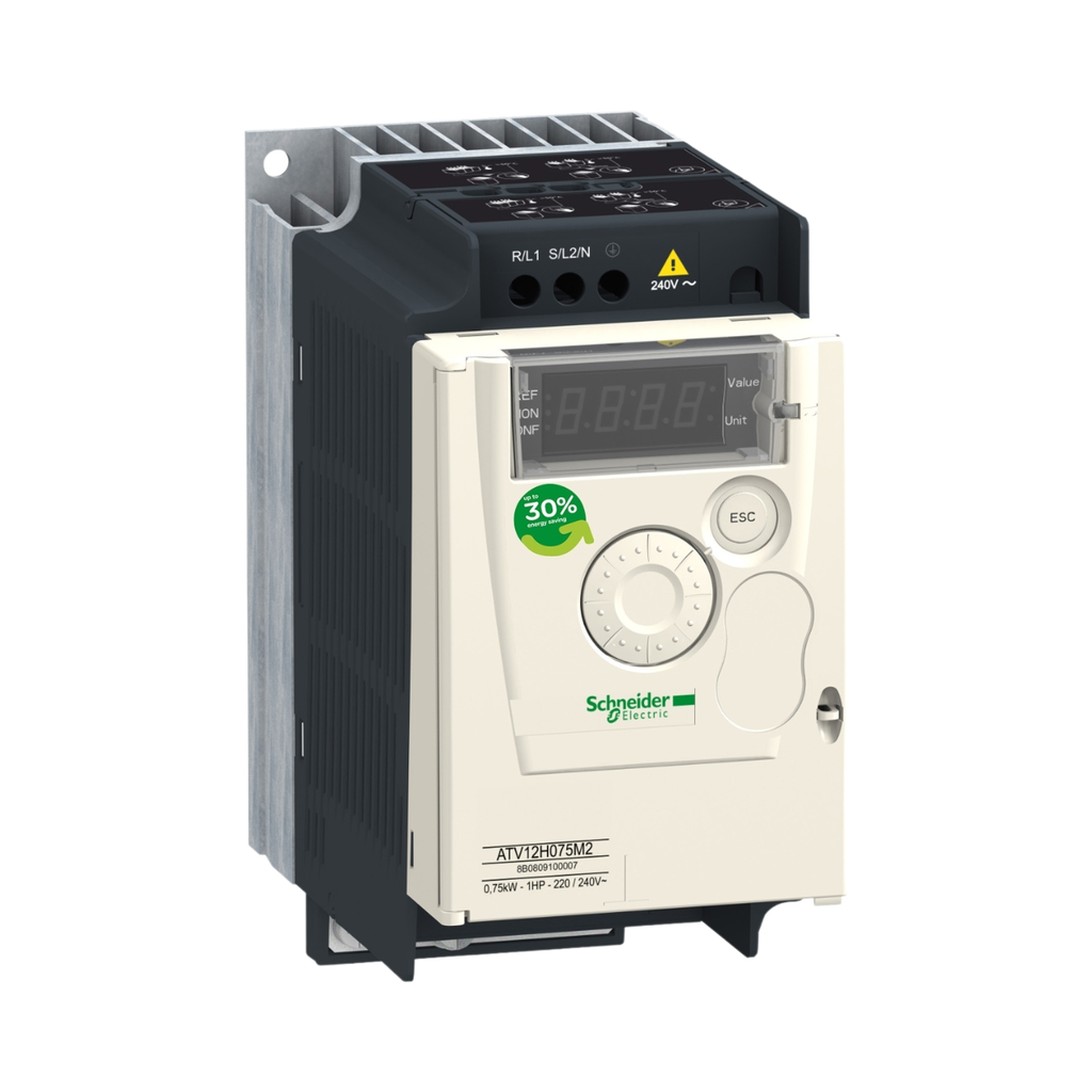 [ATV12H075M2] Schneider Electric Variable Speed Drive, Altivar 12, 0.75kW, 1hp, 200 to 240V, 1 Phase, With Heat Sink 