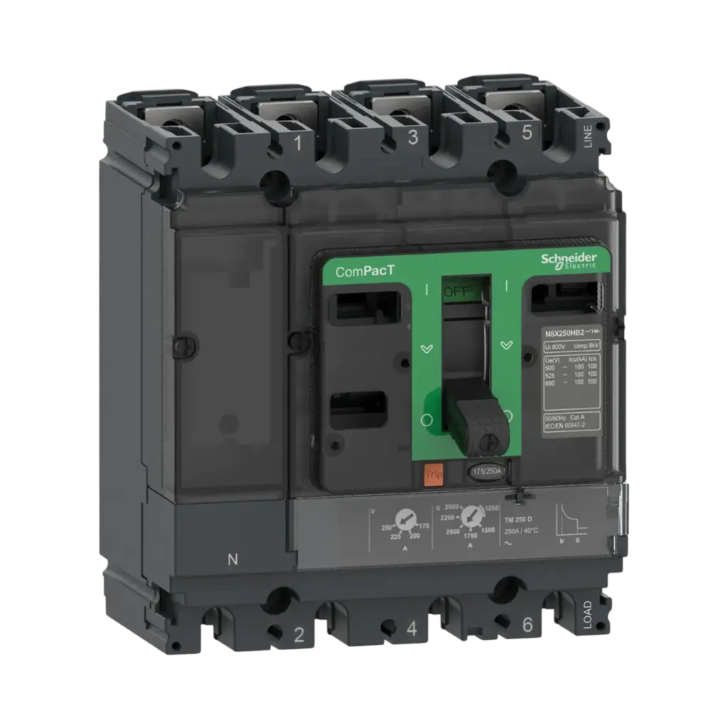 Schneider Electric Circuit Breaker, ComPacT NSX100B, 25kA/415VAC, 4 Poles 3D (Neutral Not Protected), TMD Trip Unit 80A 
