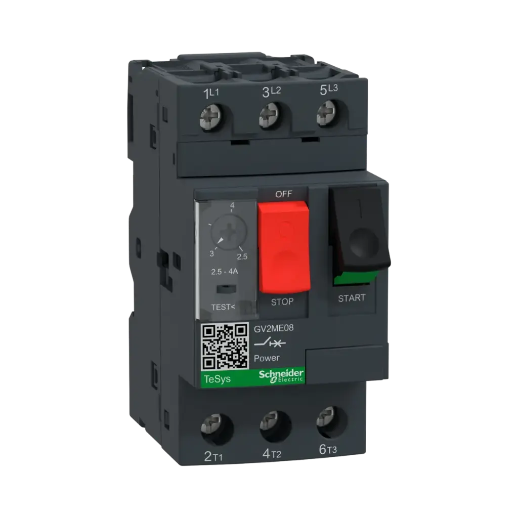 [GV2ME08] Schneider Electric Motor Circuit Breaker, TeSys Deca, 3P, 2.5 to 4A, Thermal Magnetic, Screw Clamp Terminals, Button Control 