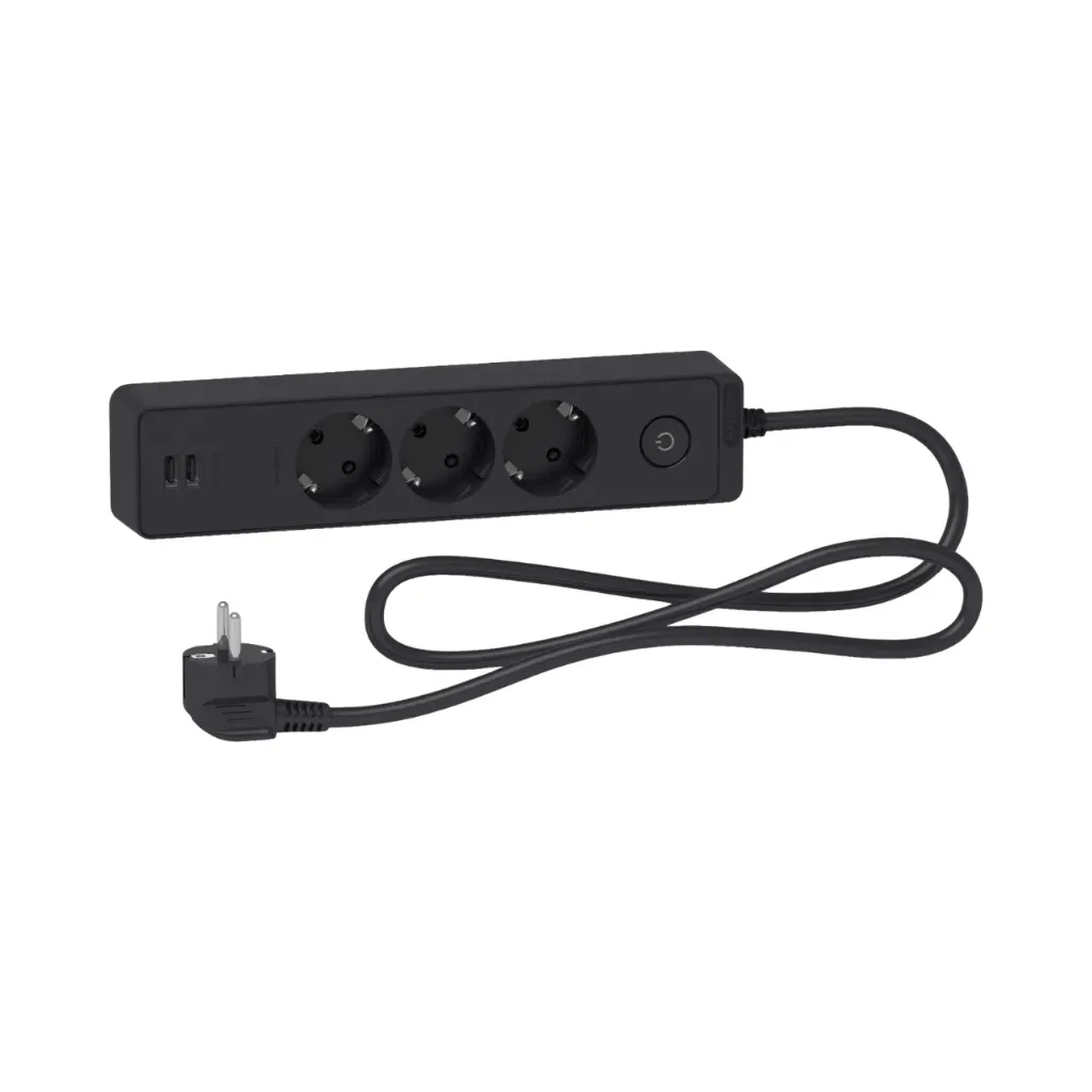 [ST943U1B] Schneider Electric Trailing Lead, Unica Extend, 3 Schuko, Swicthable,  USB Type A+A, 1.5m Cable, Anthracite