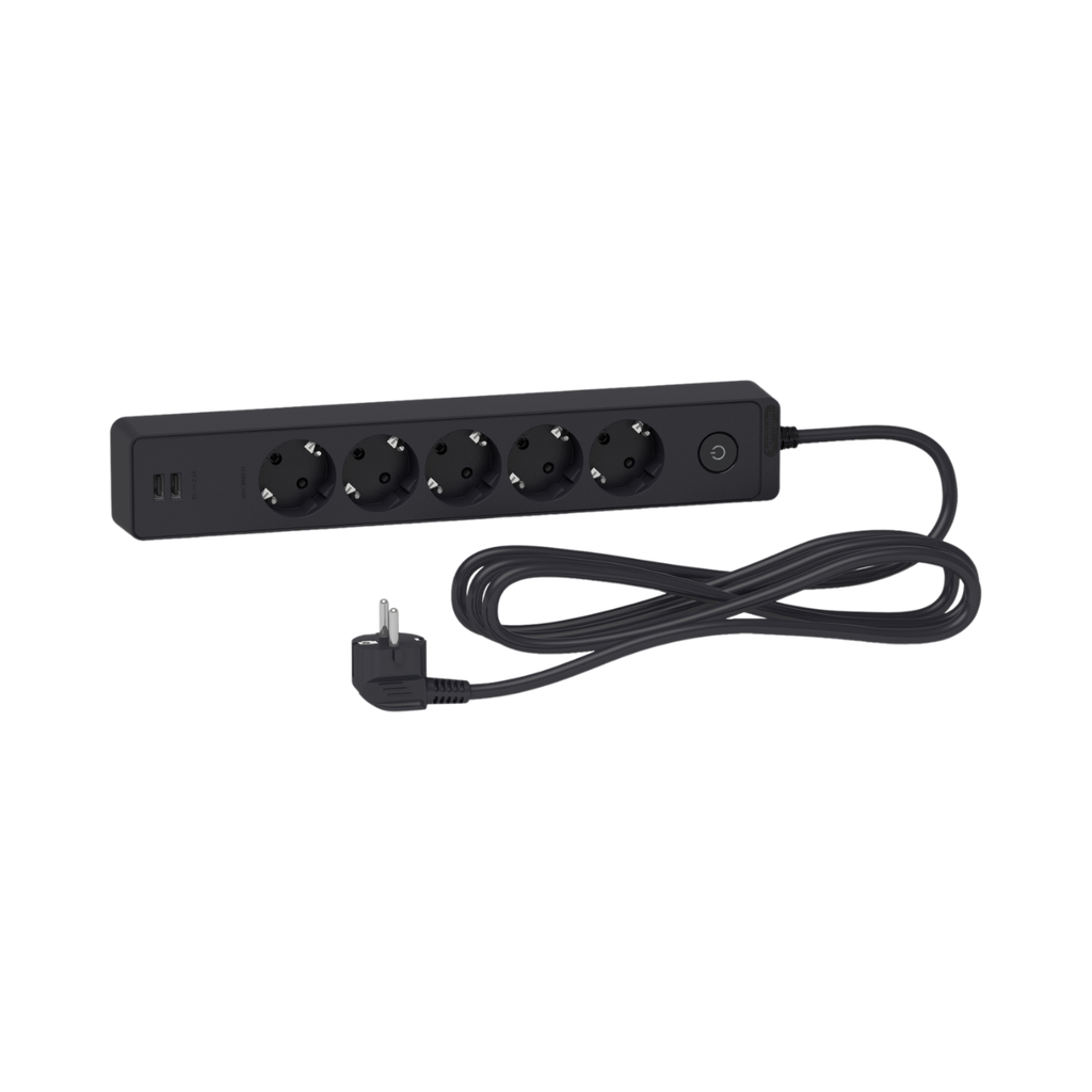 Schneider Electric Trailing lead, Unica Extend, 5 Schuko, USB Type A+A, 3m Cable, Anthracite 