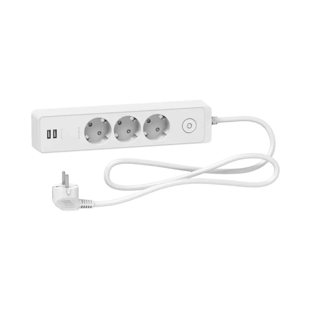 [ST943U1W] Schneider Electric Trailing Lead, Unica Extend, 3 Schuko, USB type A+A, 1.5m Cable, White