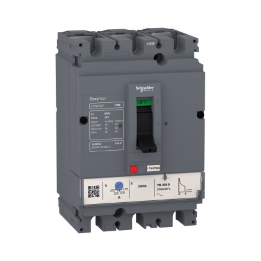 Schneider Electric circuit breaker, EasyPact CVS250F, 36kA at 415VAC, 250A, TM-D trip unit, 3P3d 