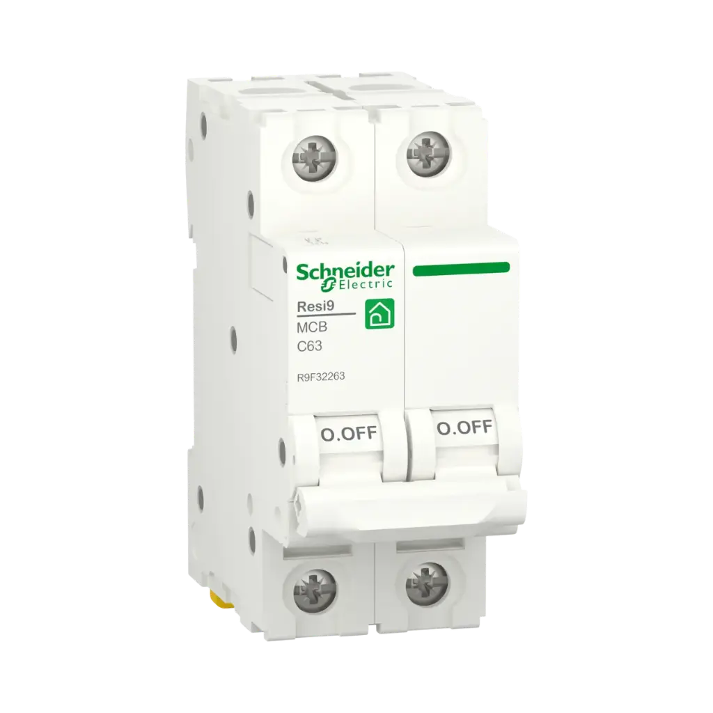 Schneider Electric Miniature Circuit Breaker (MCB), Resi9, 2P, 63A, C Curve, 4500A (IEC/EN 60898-1) 