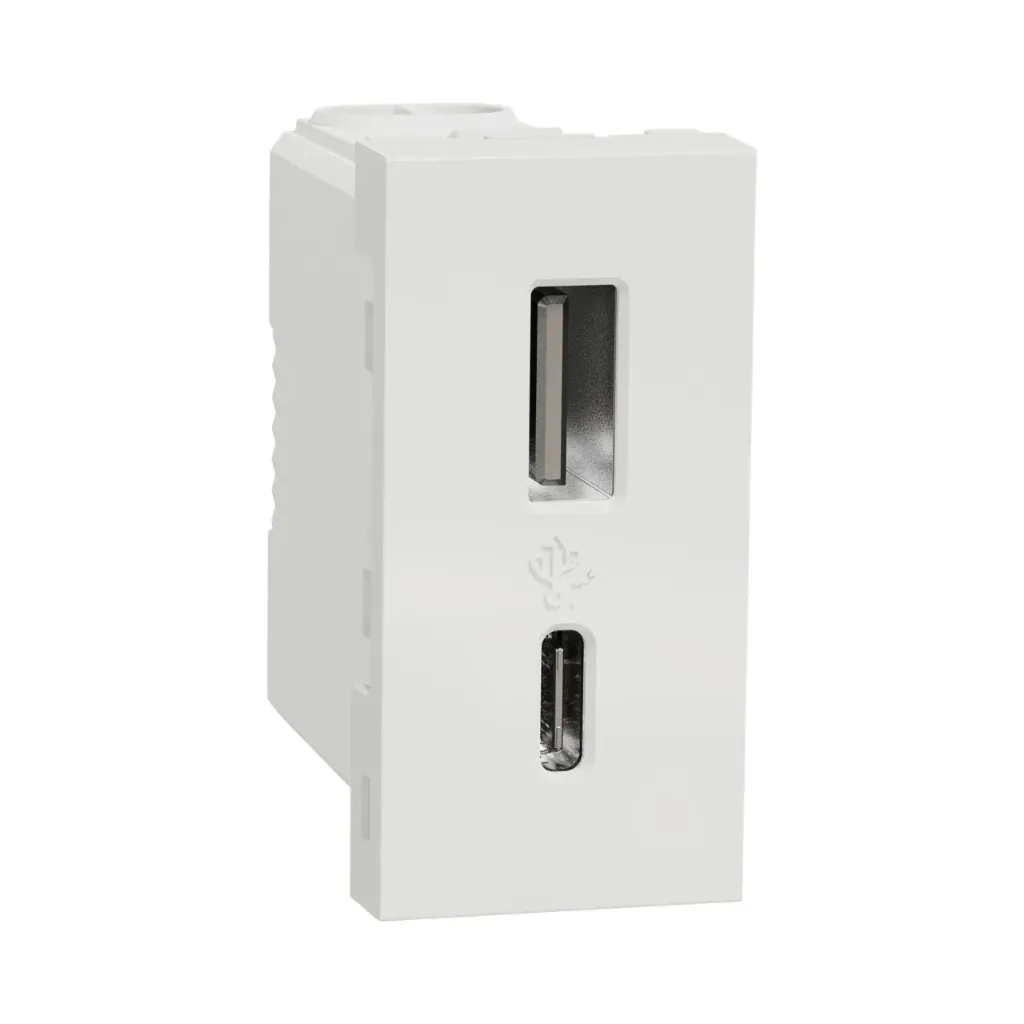 [NU301618] Schneider Electric USB Charger, New Unica, 1 Module, Type A+C, 12W, White
